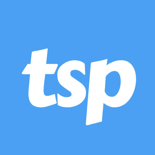 White lowercase letters ‘tsp’ in a bold, modern font, slightly tilted for a dynamic effect, centered on a bright sky blue background.
